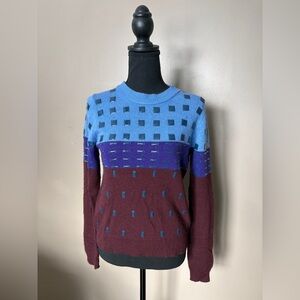 J. Crew black label color block embellished wool angora crew sweater sz S EUC